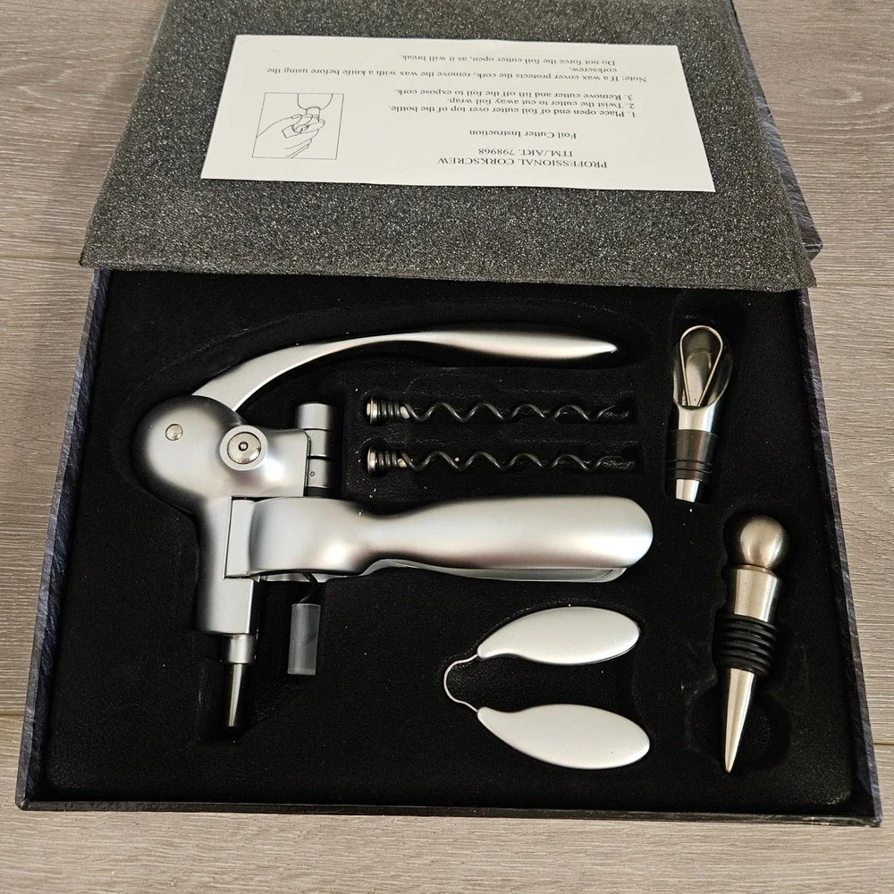 Professional Lever Corkscrew Wine Opener Set 6pc Matte Silver Kit 798968